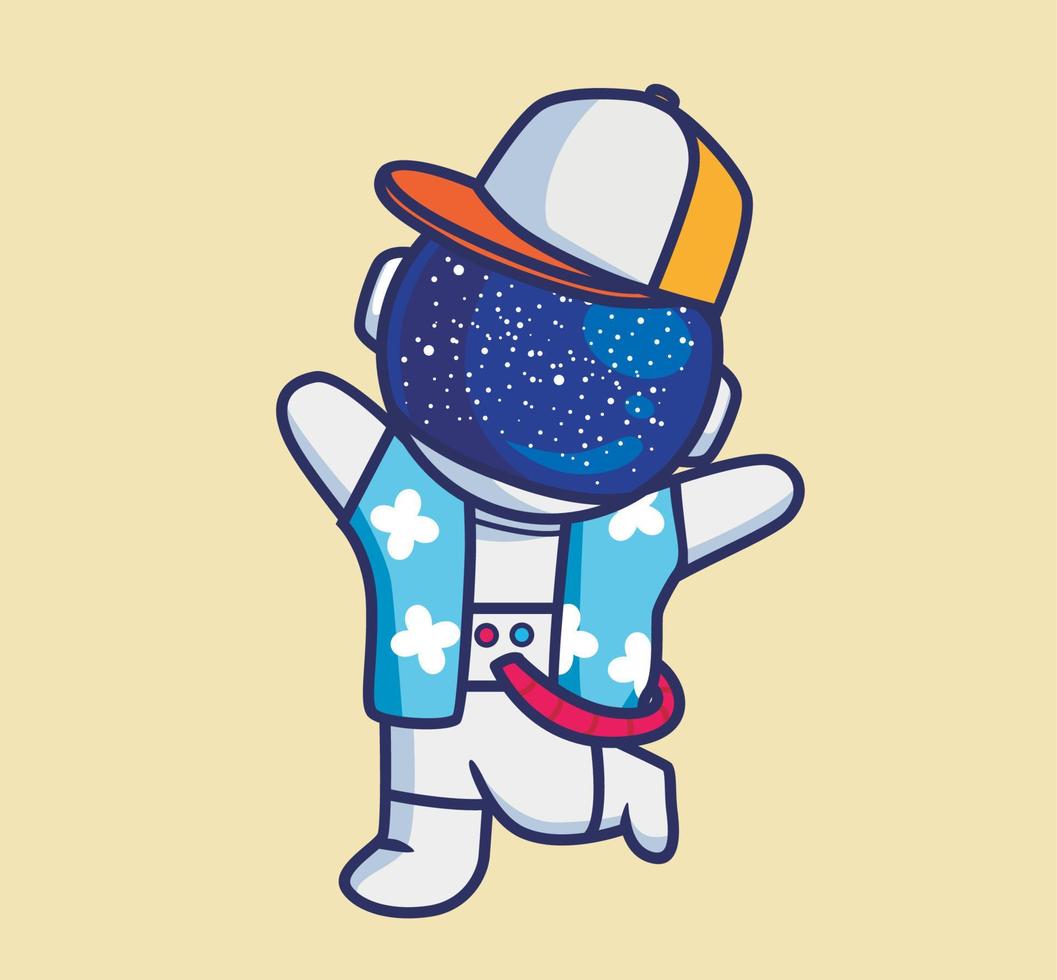 söt astronaut spelar färgrik. tecknad serie resa Semester semester sommar begrepp isolerat illustration. platt stil lämplig för klistermärke ikon design premie logotyp vektor. maskot karaktär vektor