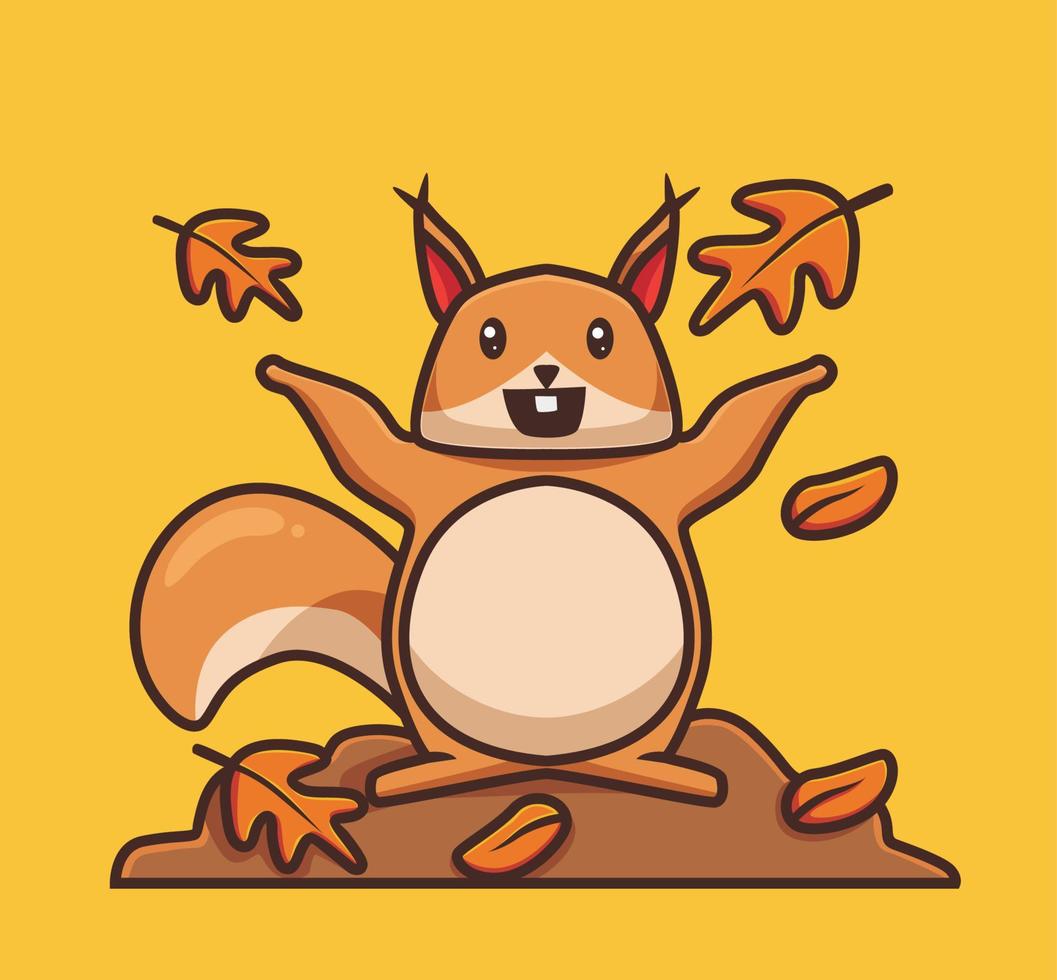 süßes eichhörnchen, das herbstblätter spielt. cartoon herbstsaison konzept isolierte illustration. flacher Stil geeignet für Aufkleber-Icon-Design Premium-Logo-Vektor. Maskottchen Charakter vektor