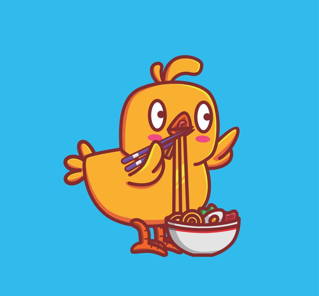 süßes huhn isst eine nudel mit stäbchen. Tier isoliert Cartoon flachen Stil Aufkleber Webdesign Symbol Illustration Premium-Vektor-Logo vektor
