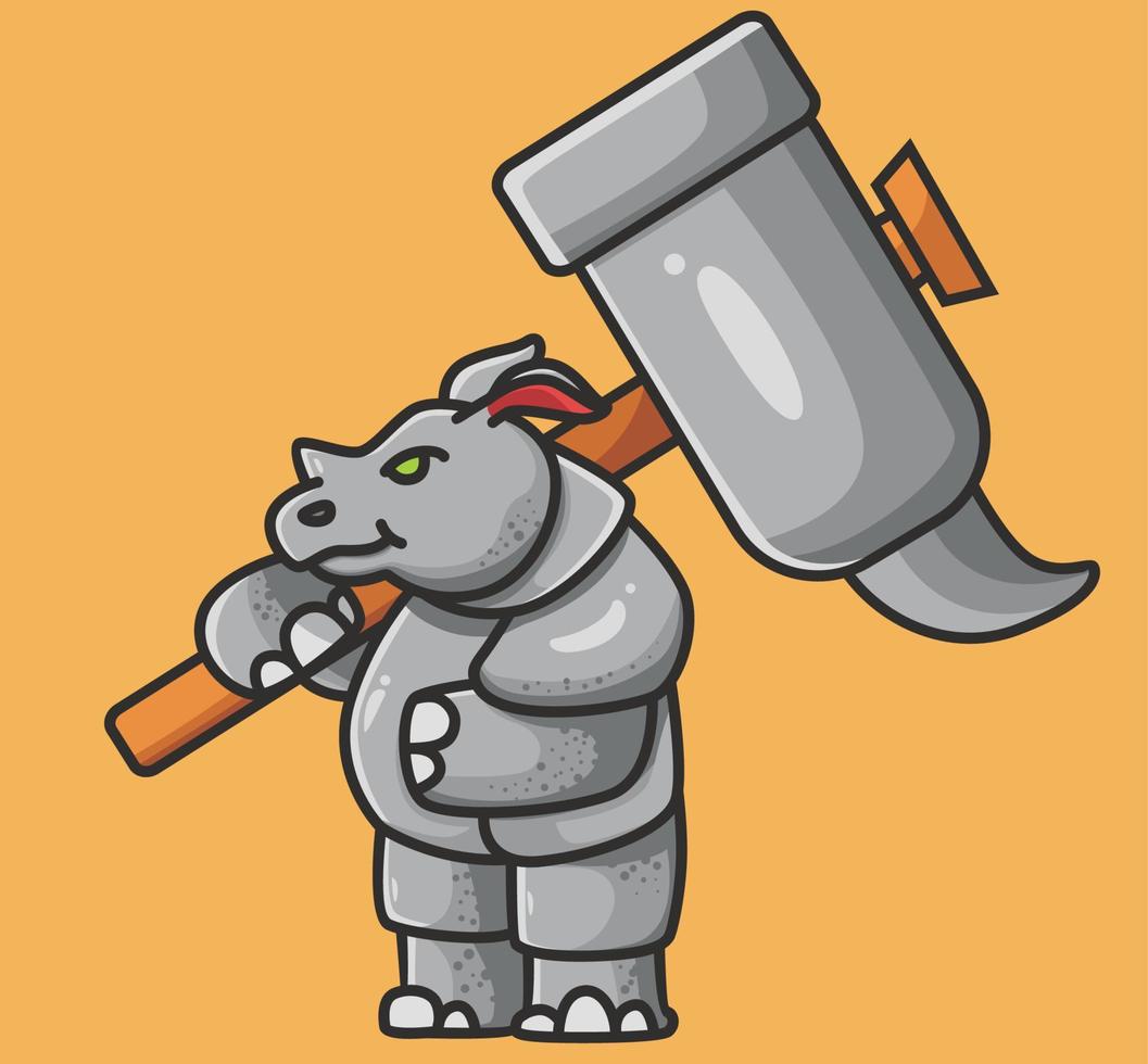 Süßes starkes Nashorn mit Vorschlaghammer. süßes nashorn, das mit dicker haut nach oben schaut. Cartoon Tier Flat Style Illustration Symbol Premium-Vektor-Logo-Maskottchen geeignet für Web-Design-Banner-Charakter vektor