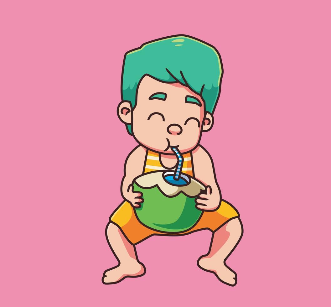 söt barn dricka kokos vatten. isolerat tecknad serie person illustration. platt stil klistermärke element vektor