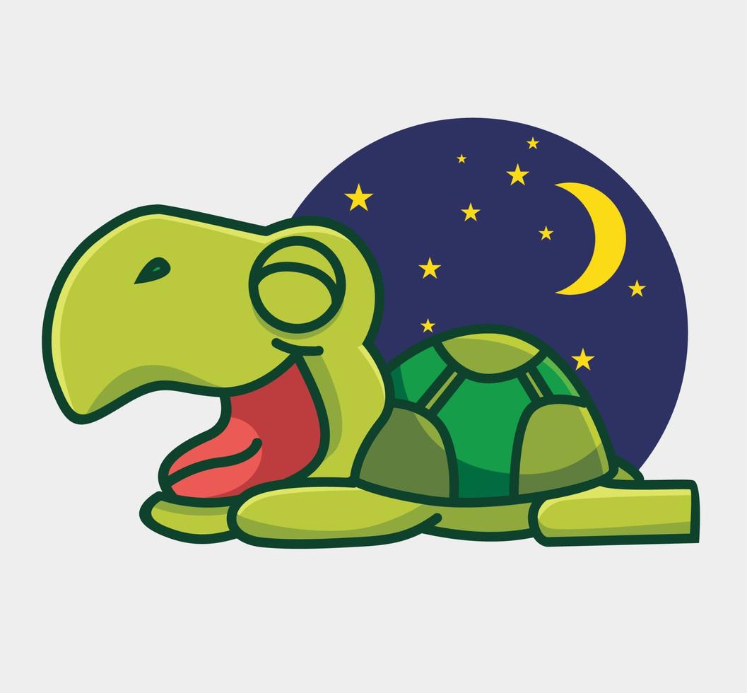 söt sköldpadda sömn öppen hans mun. tecknad serie djur- natur begrepp isolerat illustration. platt stil lämplig för klistermärke ikon design premie logotyp vektor. maskot karaktär vektor