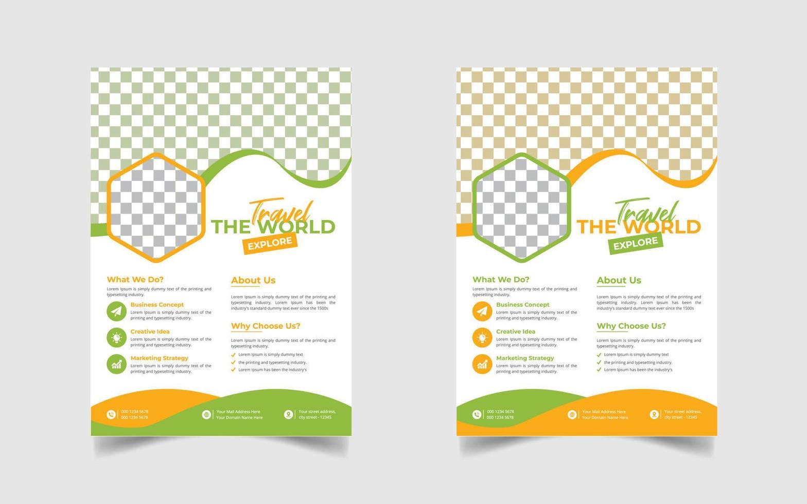 reiseplakat oder flyerbroschüre broschüre designlayoutraum für fotohintergrund. Gelbe Reiseflyer-Vorlage für Reisebüros vektor