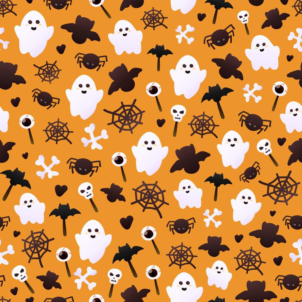 buntes Geistermuster für Halloween mit Fledermäusen und Spinnen, Süßigkeiten auf orangefarbenem Hintergrund, verziert für Packpapier oder Tapeten, schwarze Feiertagssymbole, gruseliges Design vektor