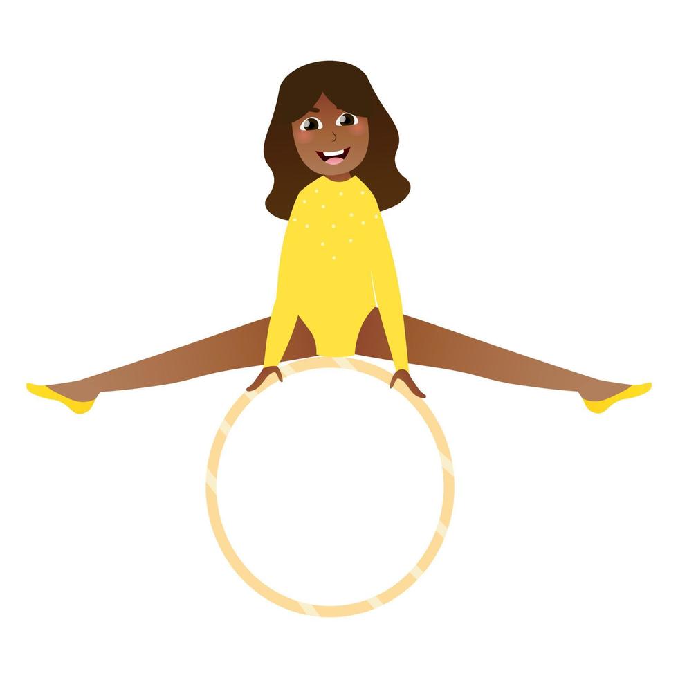 söt afrikansk flicka praktiserande stå på händer på ring, liten flexibel gymnast håller på med sträcker sig övningar, rytmisk utgör för posters i tecknad serie stil på vit bakgrund vektor