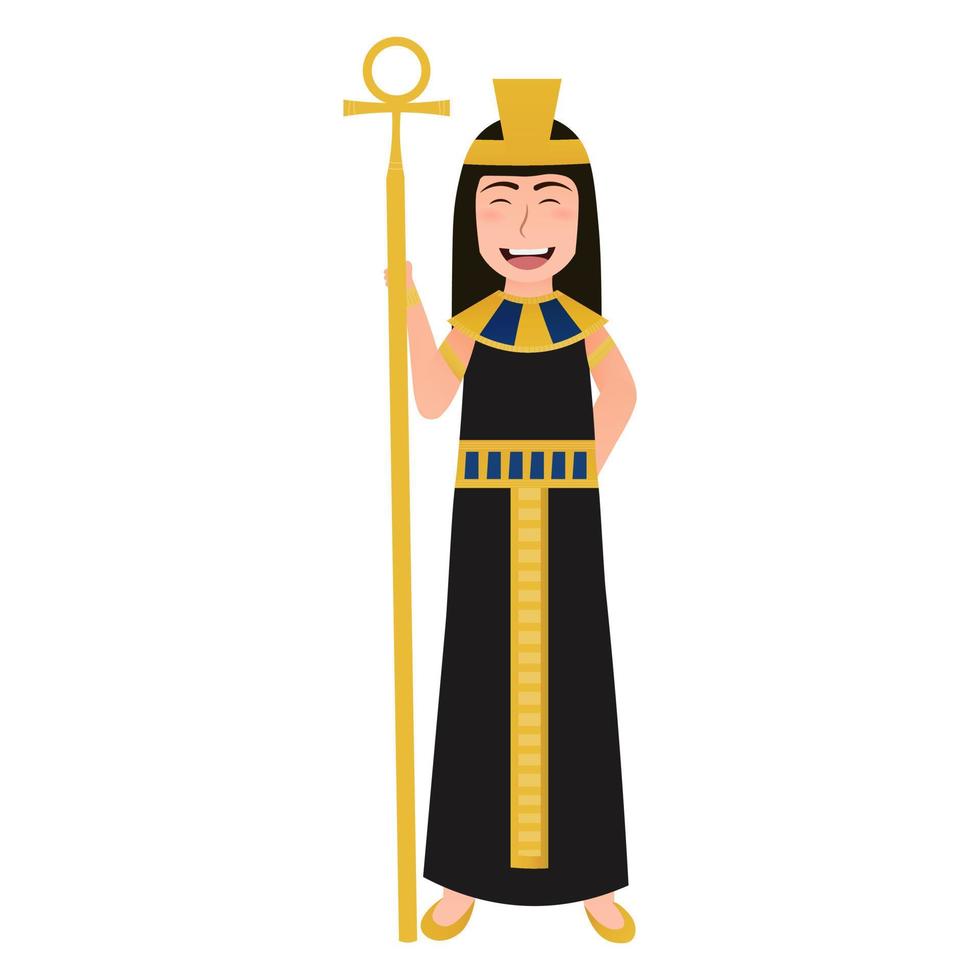 Kleines süßes Mädchen im Cleopatra-Kostüm, altägyptischer Königincharakter, goldene Halskette und Kopfschmuck, historischer Anführer vektor