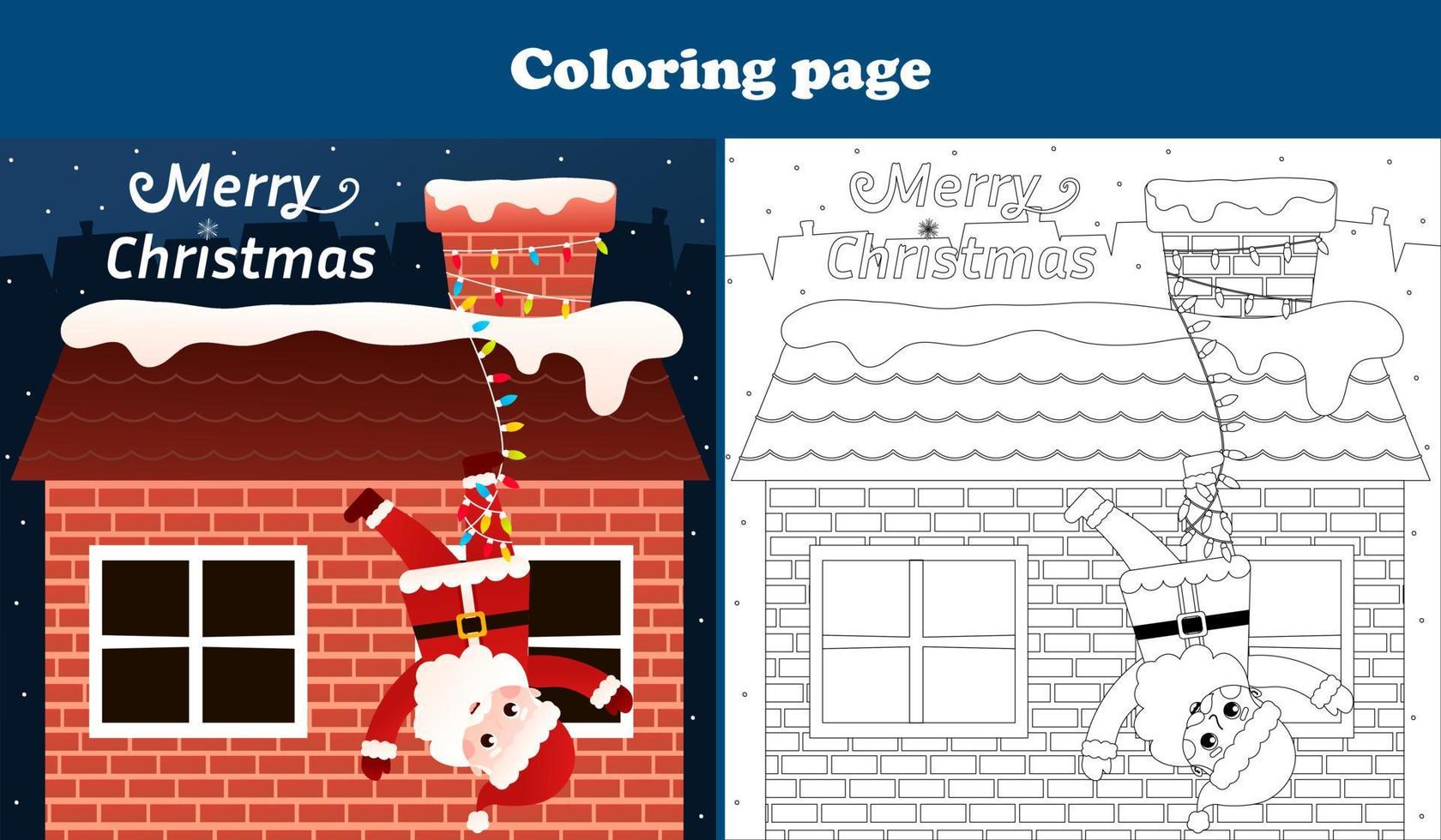 weihnachtsmalseite mit weihnachtsmannfigur, die vom dach fällt, druckbares arbeitsblatt für kinder im cartoon-stil, winterferienaktivität vektor