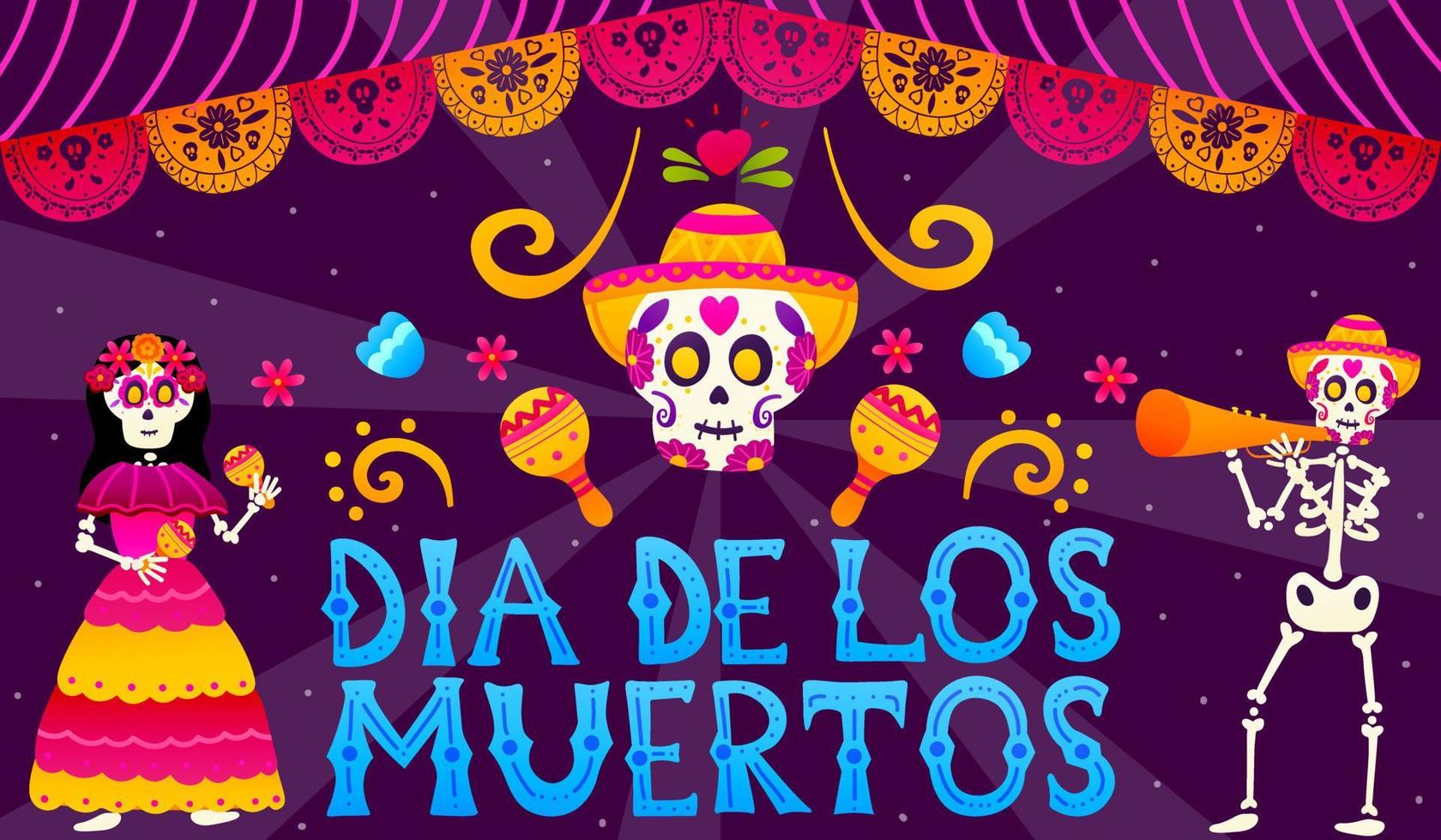 dia de los muertos banner im cartoon-stil mit tanzenden schädel und bunten schriftzügen, floral verziert für den tag der toten, grußkarte für festival vektor