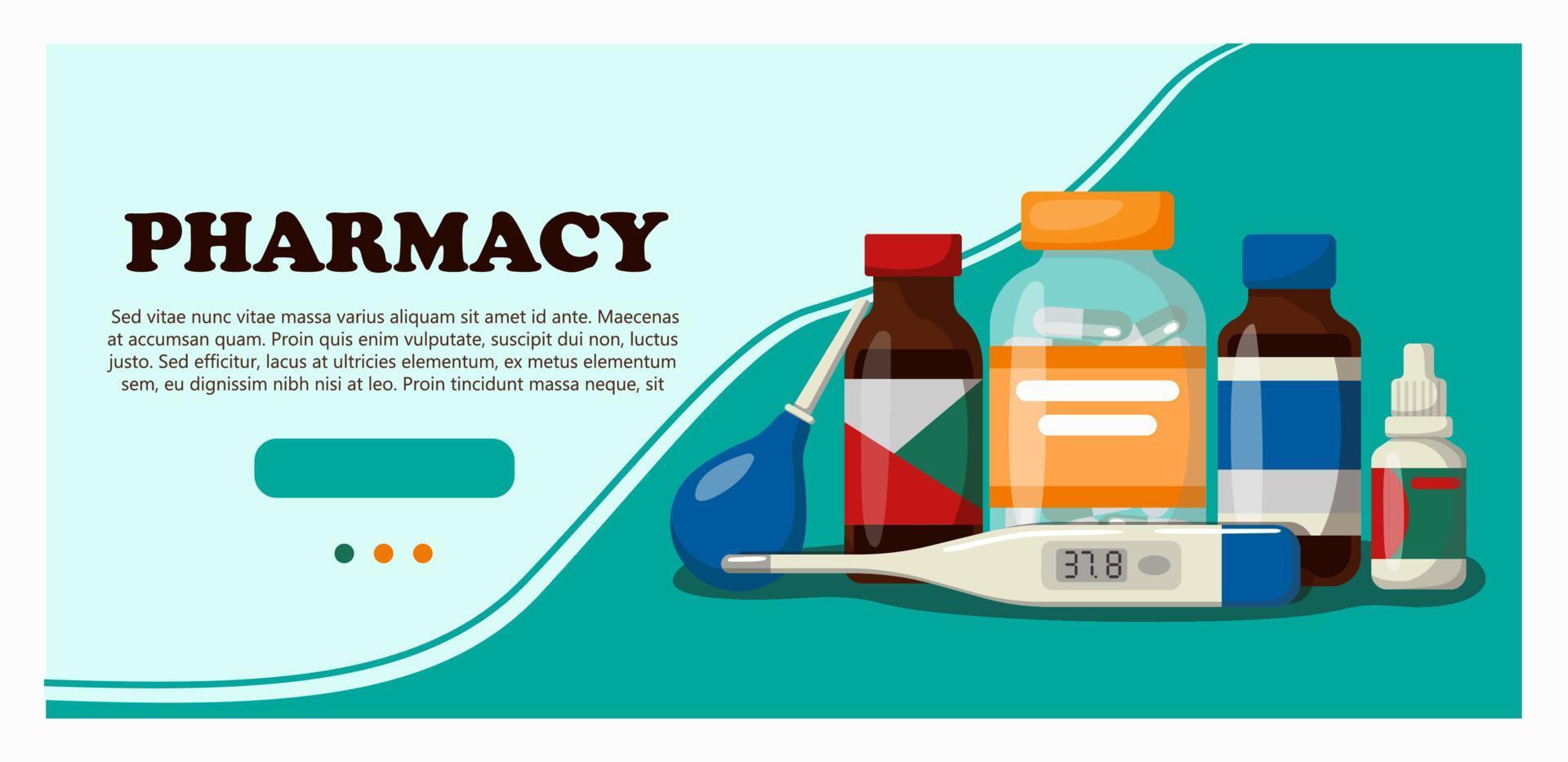 medicin, apotek, sjukhus uppsättning av mediciner med etiketter. baner för en hemsida med medicinsk föremål. vektor illustration i tecknad serie stil.