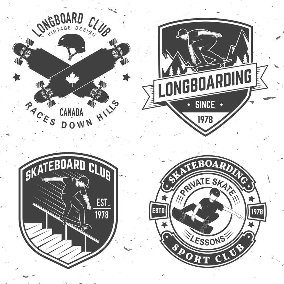 uppsättning skateboard och longboard klubbmärken. vektor illustration