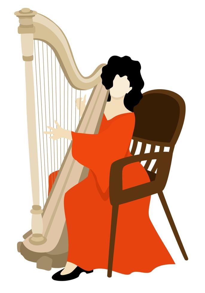 Harfenistin in leuchtend langem orangefarbenem Kleid, die ihr Instrument spielt. vektor