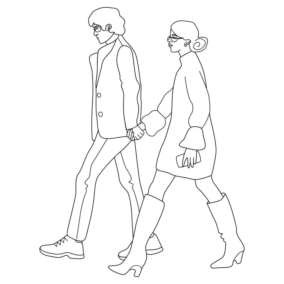 Gehende Paarlinienskizze lokalisiert auf weißem Hintergrund. mann und frau gehen zusammen und halten sich an den händen. Promis in ausgefallenen Outfits flanieren durch die Straßen. vektor