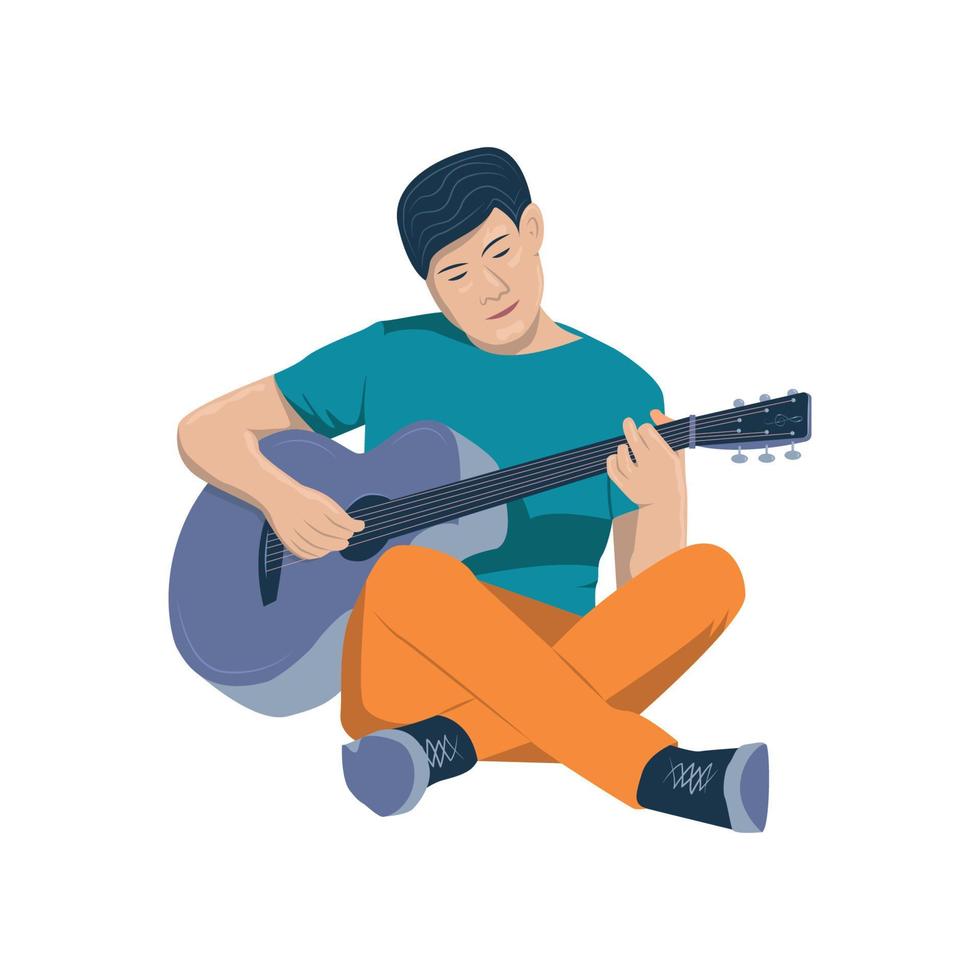 junger mann, der gitarre spielt, sitzt auf dem boden vektor