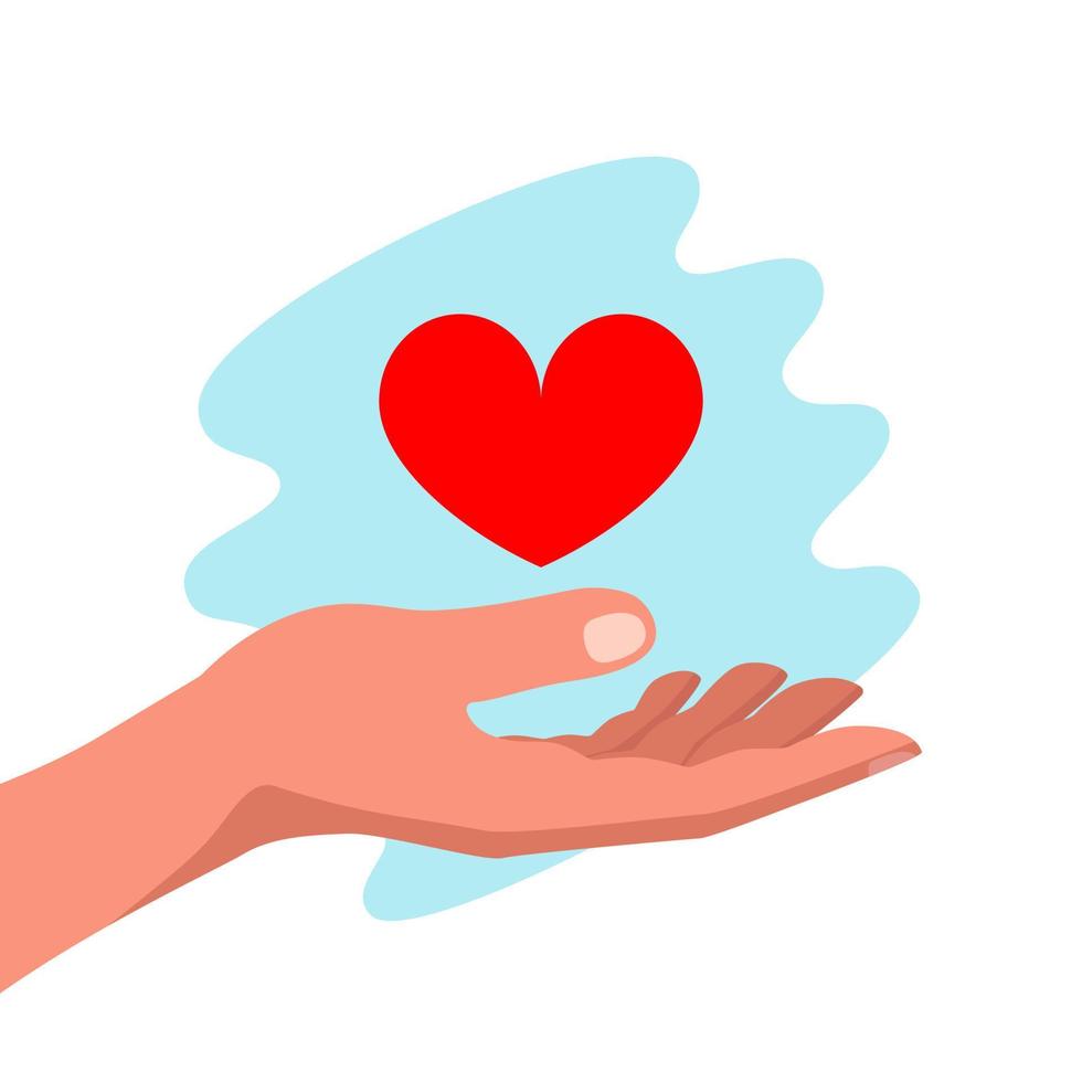 mänsklig hand och röd hjärta. hoppas begrepp, volontärarbete. vektor stock illustration.
