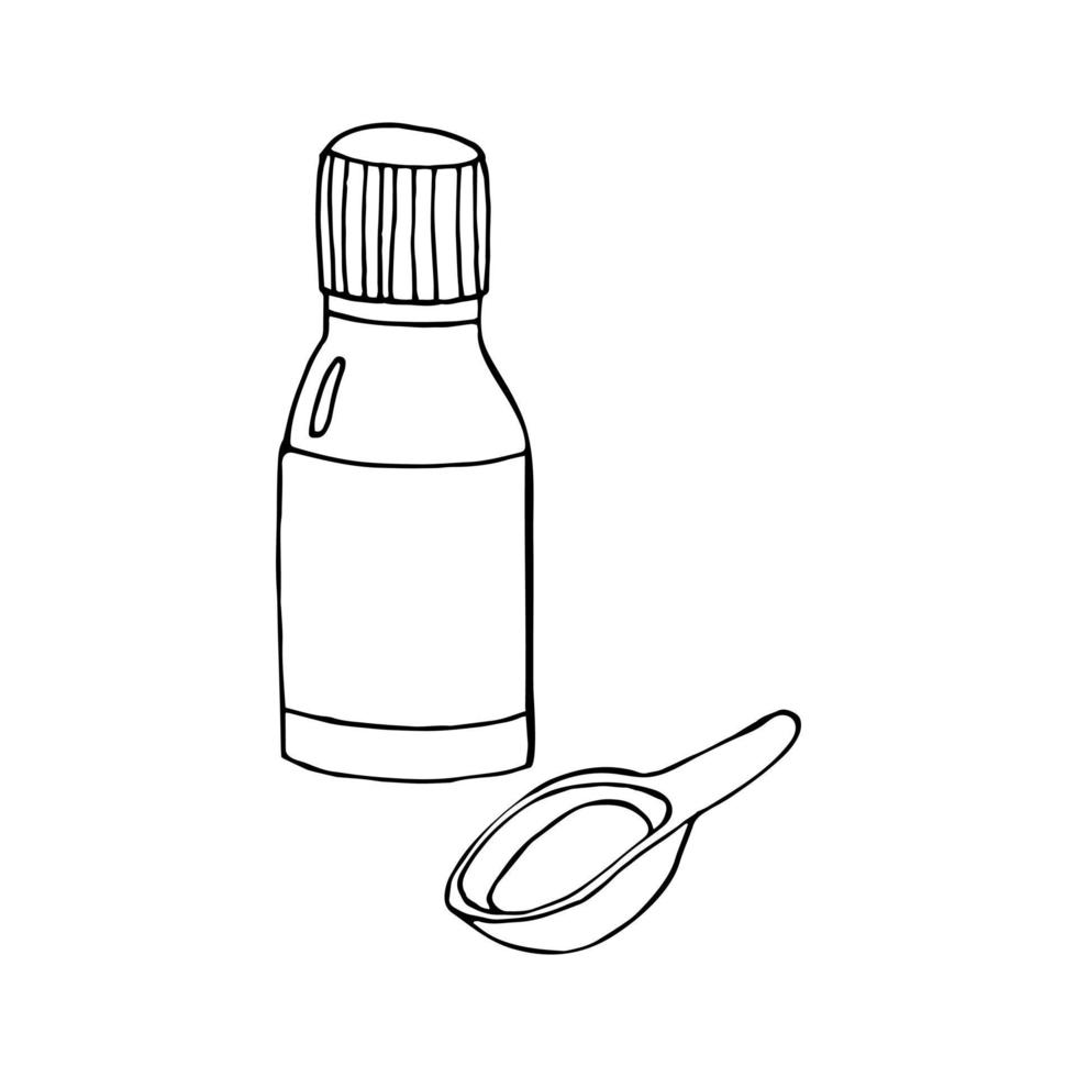 medizinischer sirup in einer flasche und messlöffel handgezeichnetes gekritzel. , skandinavisch, nordisch, minimalistisch, einfarbig. symbol, aufkleber, vitamine zur gesundheitsbehandlung vektor