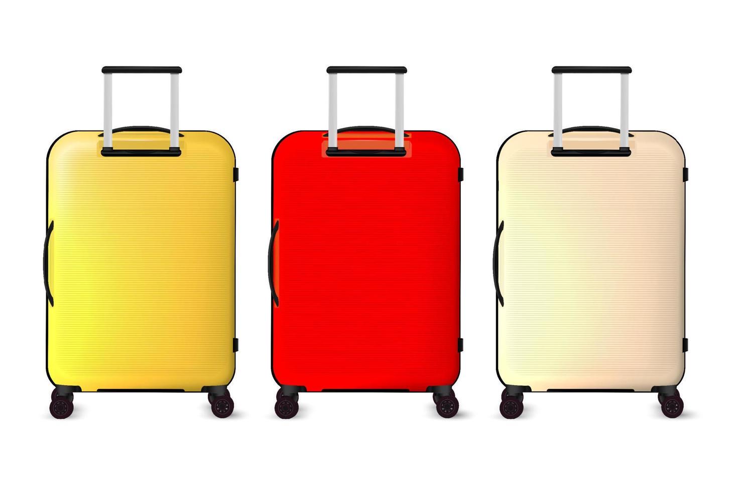3d vektor illustration uppsättning av bagage resväska resa påsar. resa bagage fall på hjul med handtag, realistisk semester turist väska. flygplats bära portfölj, plast resa vagn.