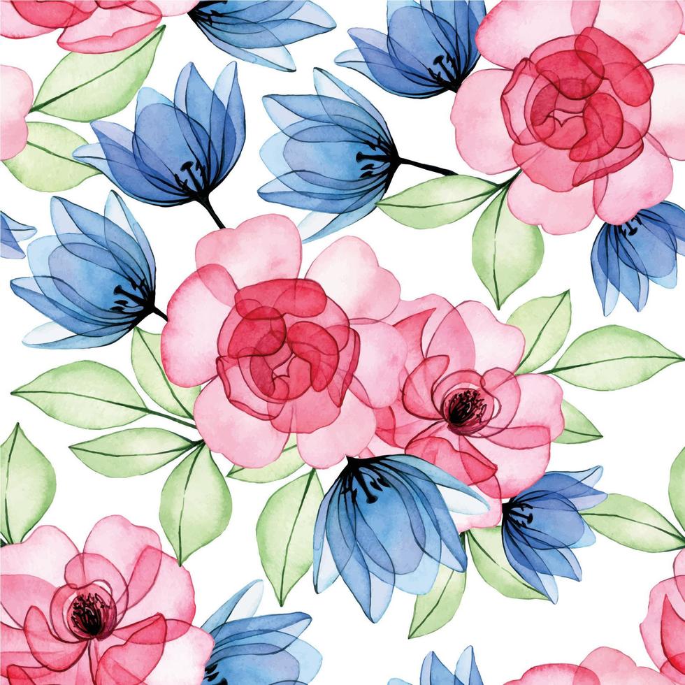 Aquarellzeichnung. Nahtloses Muster aus transparenten Blumen und Rosenblättern. rosa rose und blaue tulpen röntgen vektor