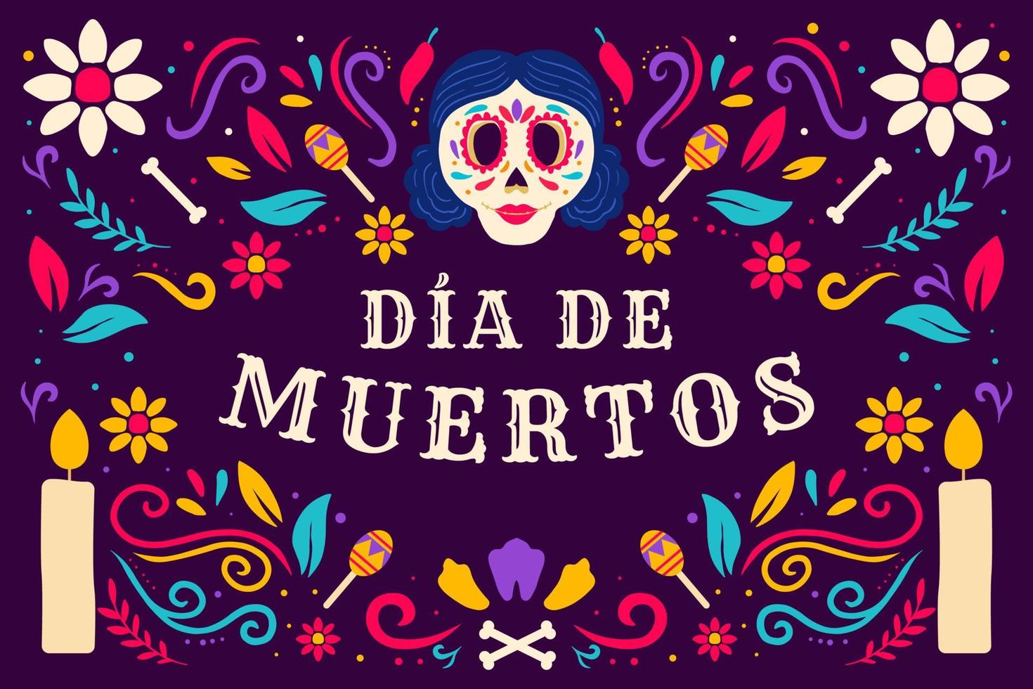 dia de muertos, tag der toten illustration mit frauenschädel, kerze und maracas vektor