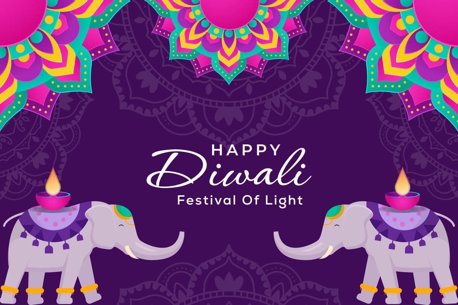 Lycklig diwali festival illustration med prydnad och två elefant vektor