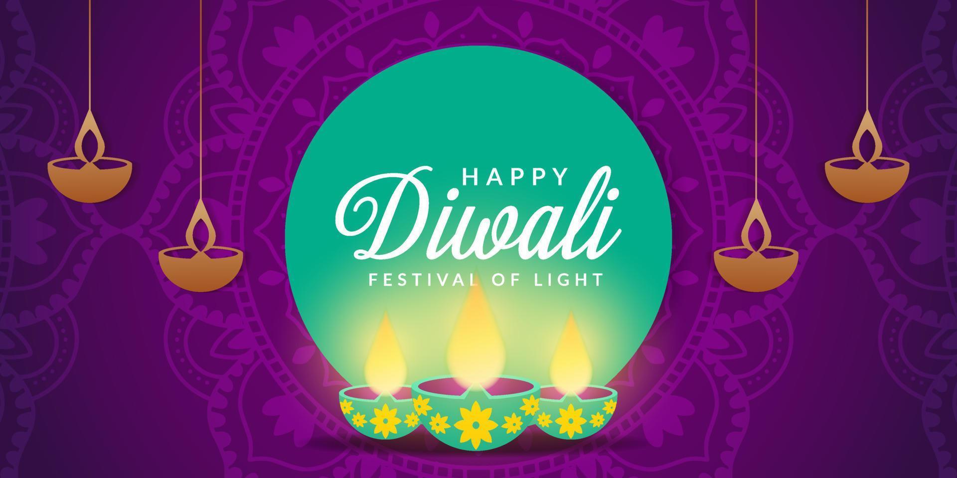 Happy Diwali in lila Hintergrund und mit Rangoli aufhellen vektor