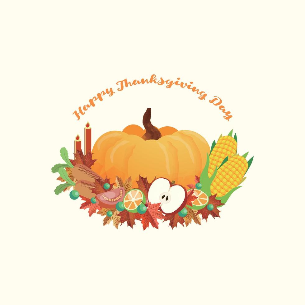 Happy Thanksgiving-Illustrationsdesign mit Kürbismais und Ahornblättern vektor