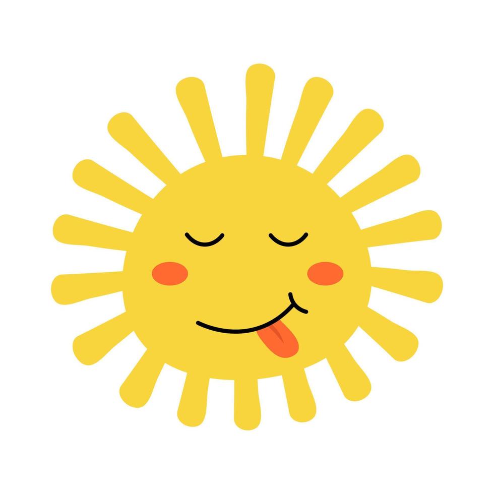 niedlicher Cartoon-Sonnencharakter mit Kawaii-Gesicht. einfaches gekritzelgelbes maskottchen lokalisiert auf weißem hintergrund. flache handgezeichnete Ikone. vektor