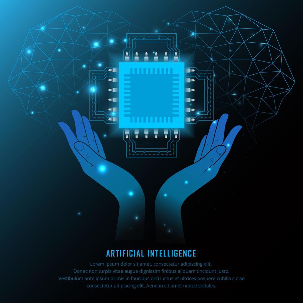 trogen artificiell intelligens bakgrund. teknologi vetenskap dag bakgrund med chipset, hand och geometrisk element vektor. vektor