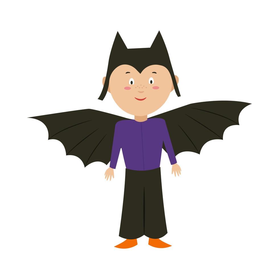 en pojke i en fladdermus kostym för halloween. en barn i en karneval kostym. vektor illustration i platt stil.