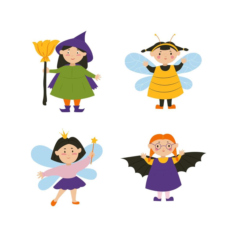 halloween süße mädchen in fledermaus-, bienen- und hexenkostümen. Figuren aus Halloween. vektorillustration im flachen stil. vektor