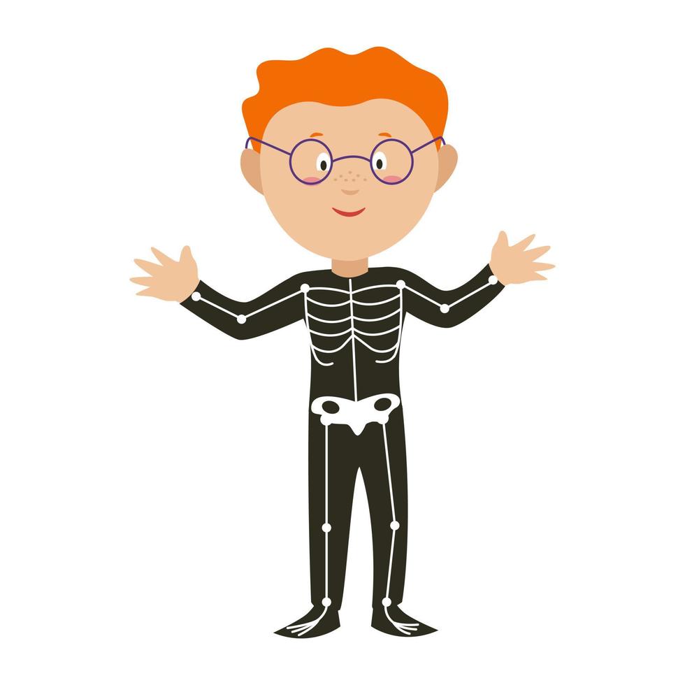 ein Junge in einem Skelettkostüm irgendwo an Halloween. ein Kind in einem Karnevalskostüm. vektorillustration im flachen stil vektor