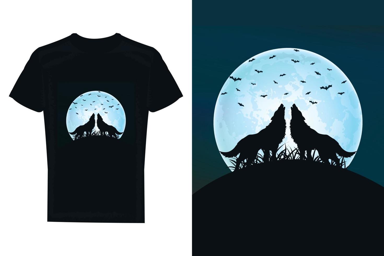 mardröm eller halloween t-shirt eller bok omslag design. Varg ylande på de måne, natt. vektor