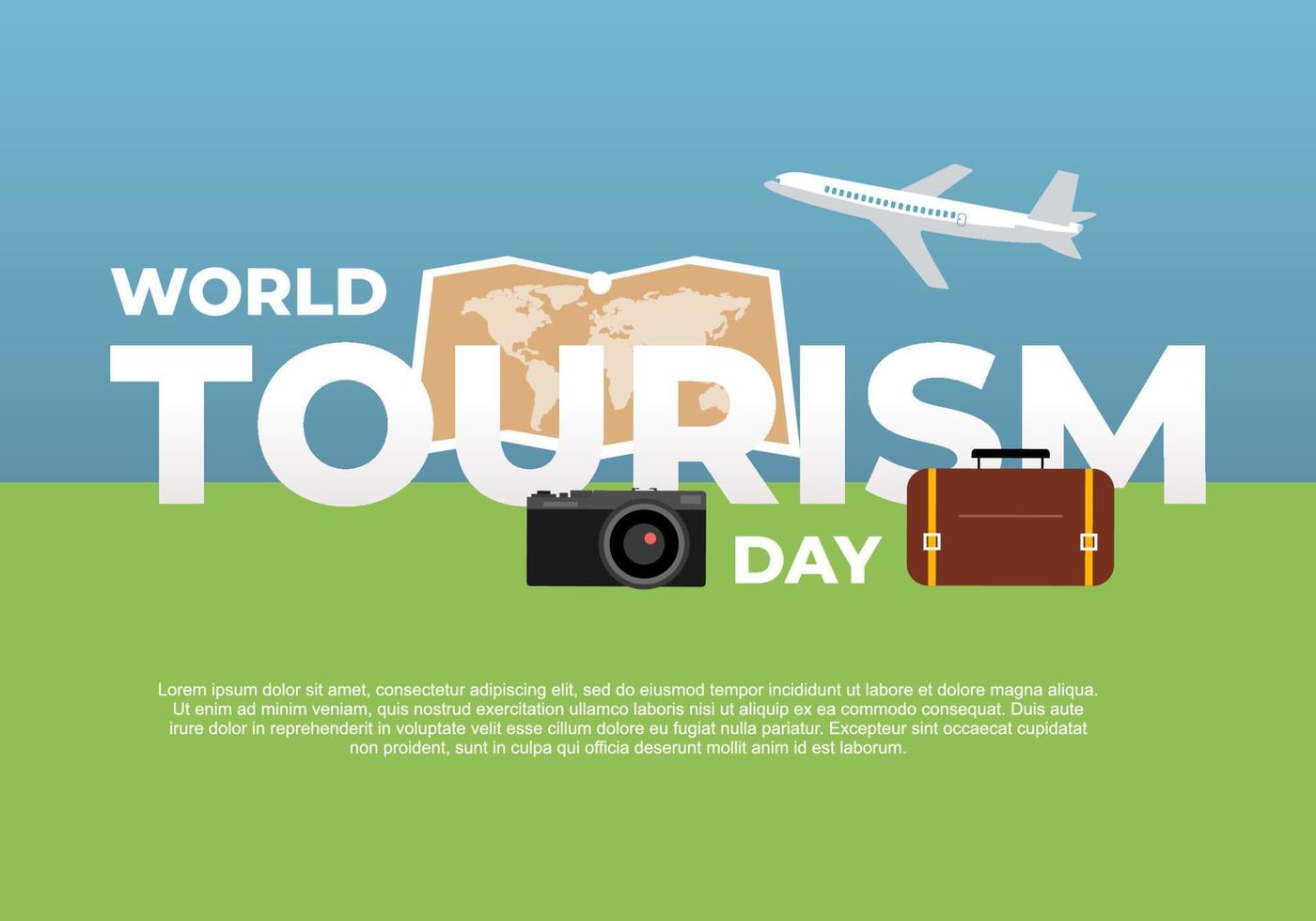 värld turism dag bakgrund baner affisch med flygplan, kamera, resväska och jord Karta på september 27. vektor