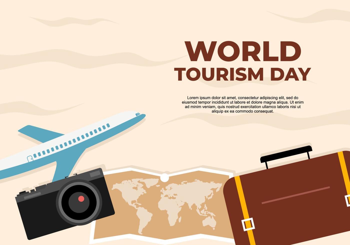 värld turism dag bakgrund baner affisch med flygplan, Karta, kamera och resväska på september 27. vektor