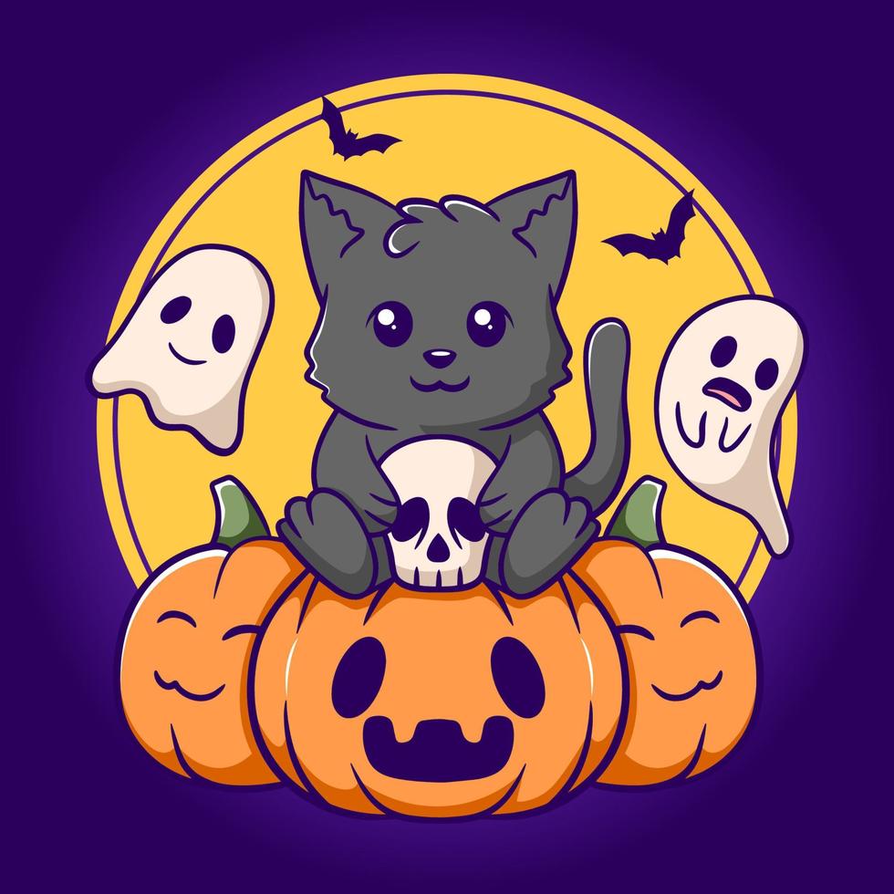 söt katt Sammanträde på pumpa, halloween tecknad serie illustration vektor