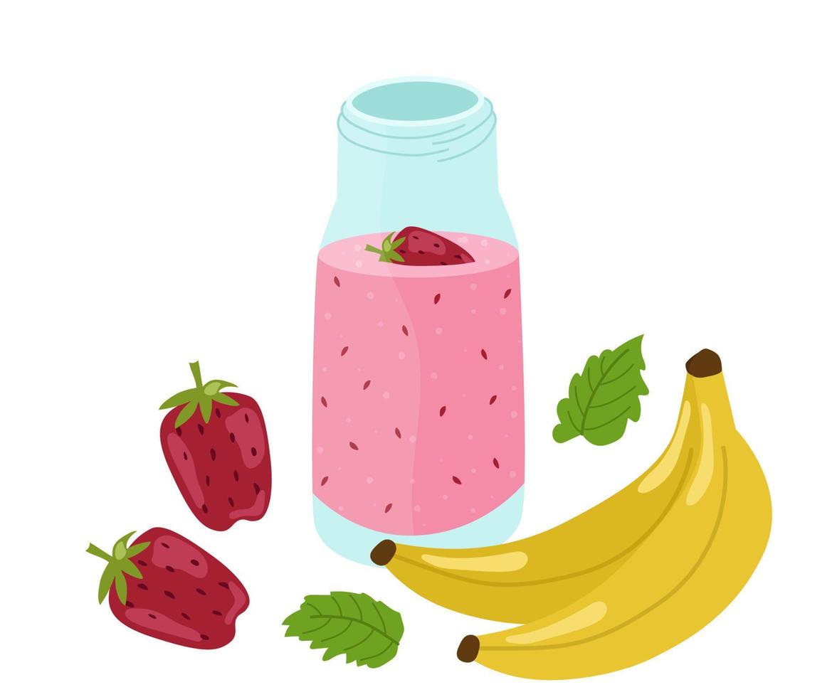 smoothie med banan, jordgubb och mynta. ljus färgrik sommar uppsättning av Ingredienser. vektor illustration av friska uppfriskande drycker.
