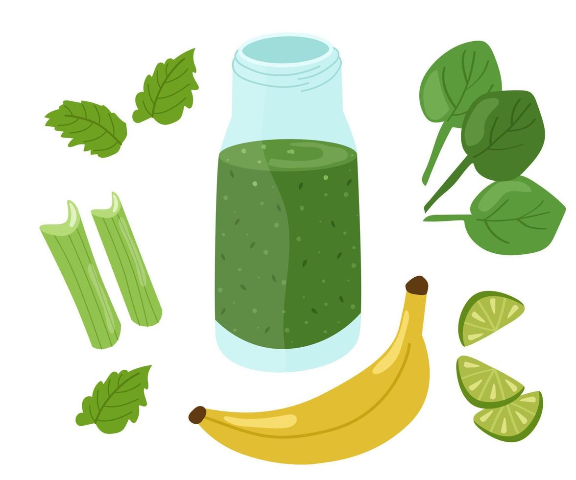 grön smoothie tillverkad av spenat, bananer, kalk, selleri, mynta. ljus färgrik sommar uppsättning av Ingredienser. vektor illustration av friska uppfriskande drycker.