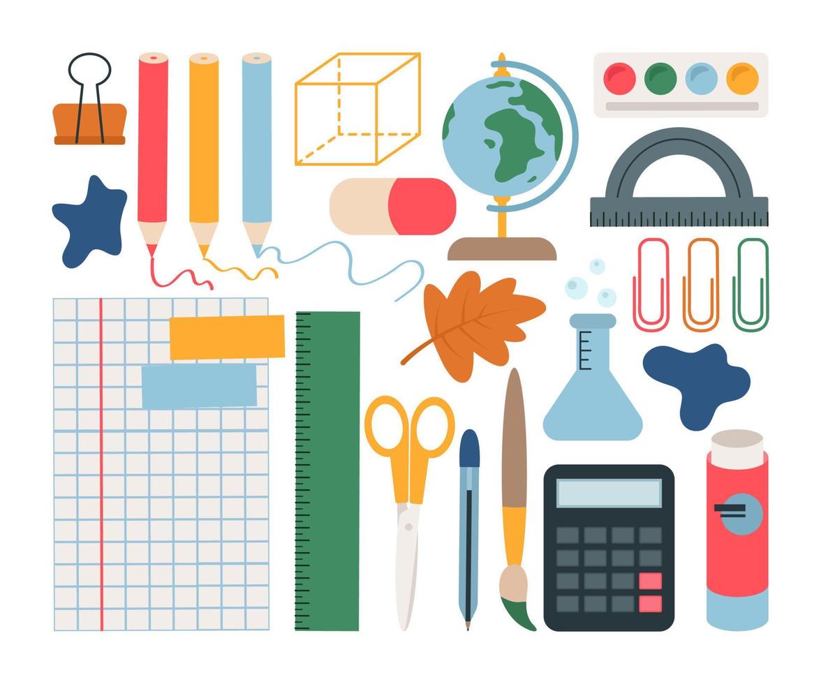 uppsättning av färgrik skola och kontor pappersvaror. en klot, pennor, målar, en ark i en bur, en kalkylator, sax, lim. vektor isolerat illustration för design eller dekoration.