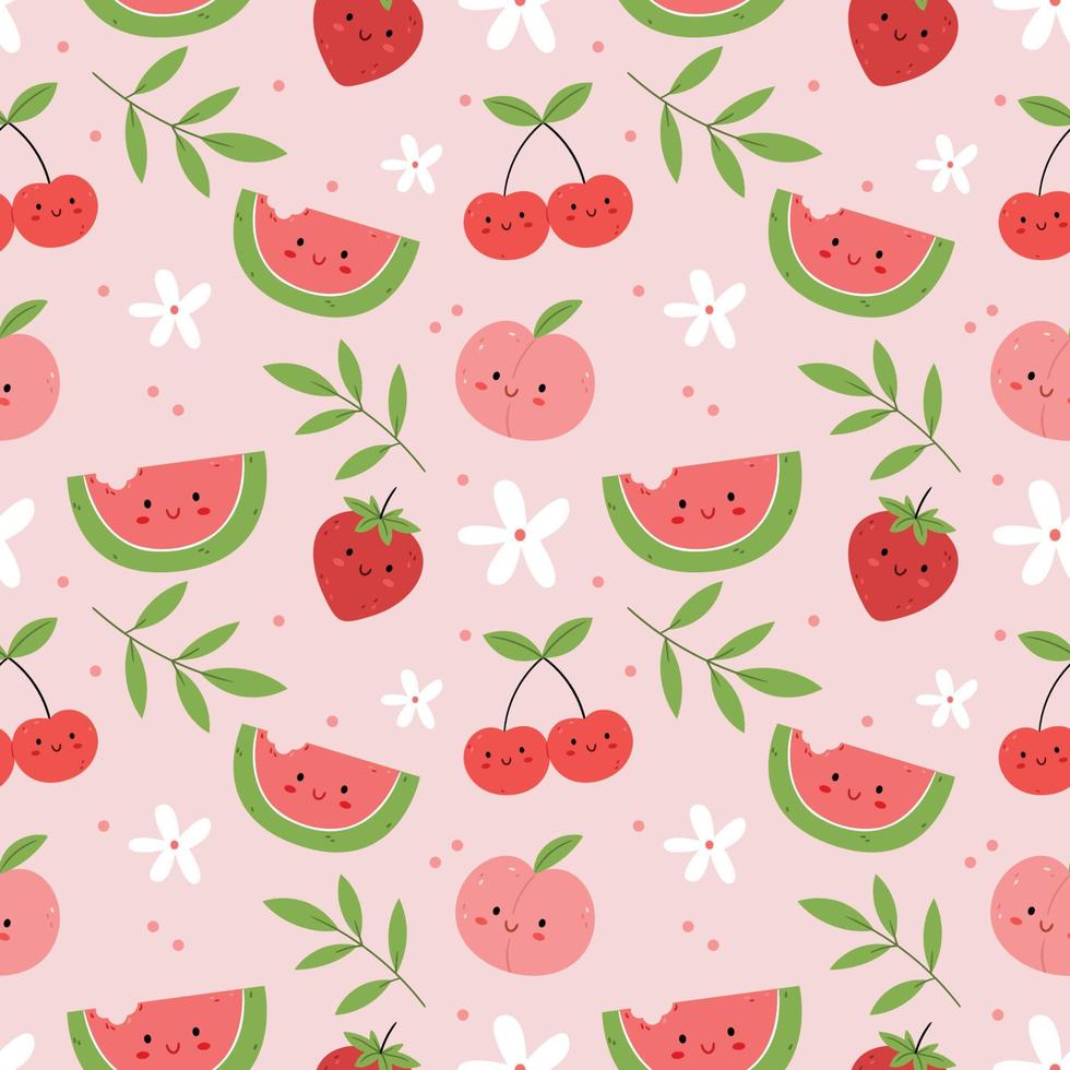 Nahtloses Muster mit lustigen Charakteren Fruchtscheiben aus frischer Wassermelone, Pfirsich, Erdbeeren und Kirschen auf weißem Hintergrund. illustration für buch, geschenkpapier, textildruck, tapete vektor
