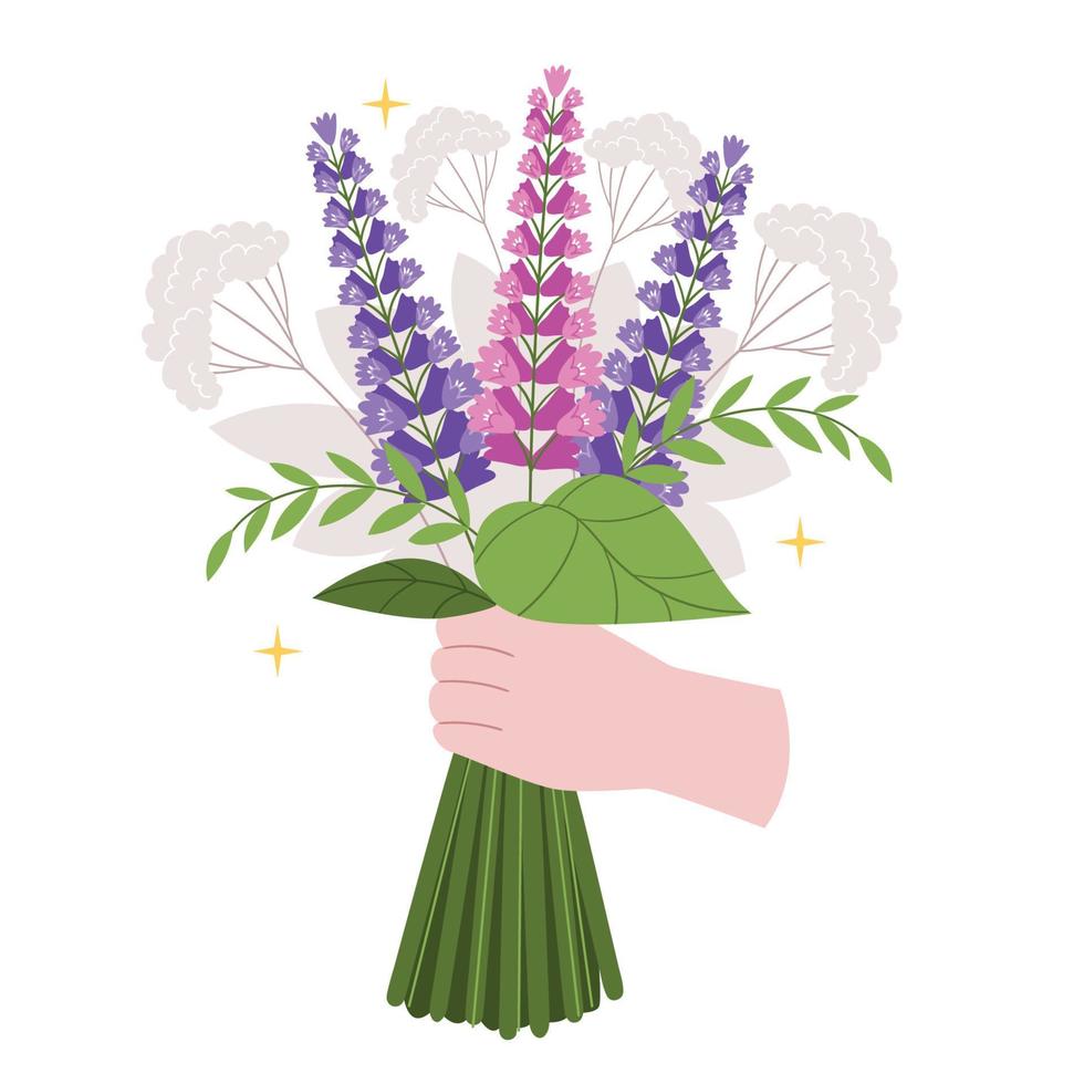 die hand einer frau hält einen strauß aus lupinen und bärenklau. sommerblumen. hochzeitsstrauß. schönes geschenk. vektor