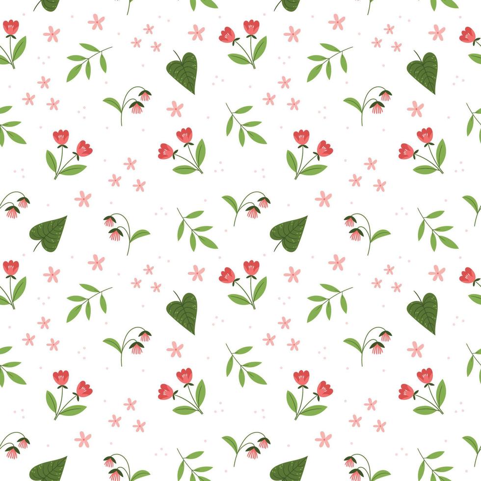 sömlös blommig mönster med små rosa blommor och löv på en vit bakgrund.färgglad platt vektor illustration. upprepa textur design.