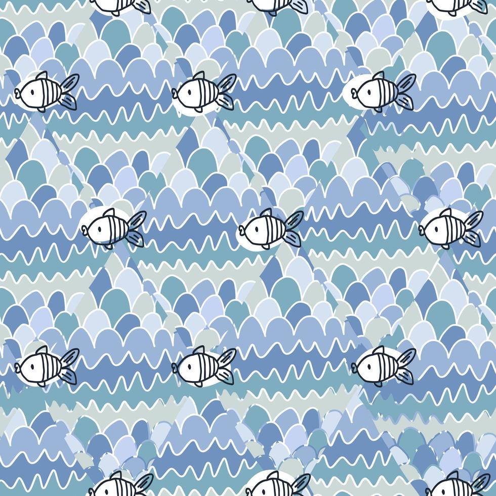 süßes pastellblaues muster, linie meergekritzel. nahtloser hintergrund mit fischen, ozean. Textilien für Kinder, Baby, Papier, Sammelalbum. vektor