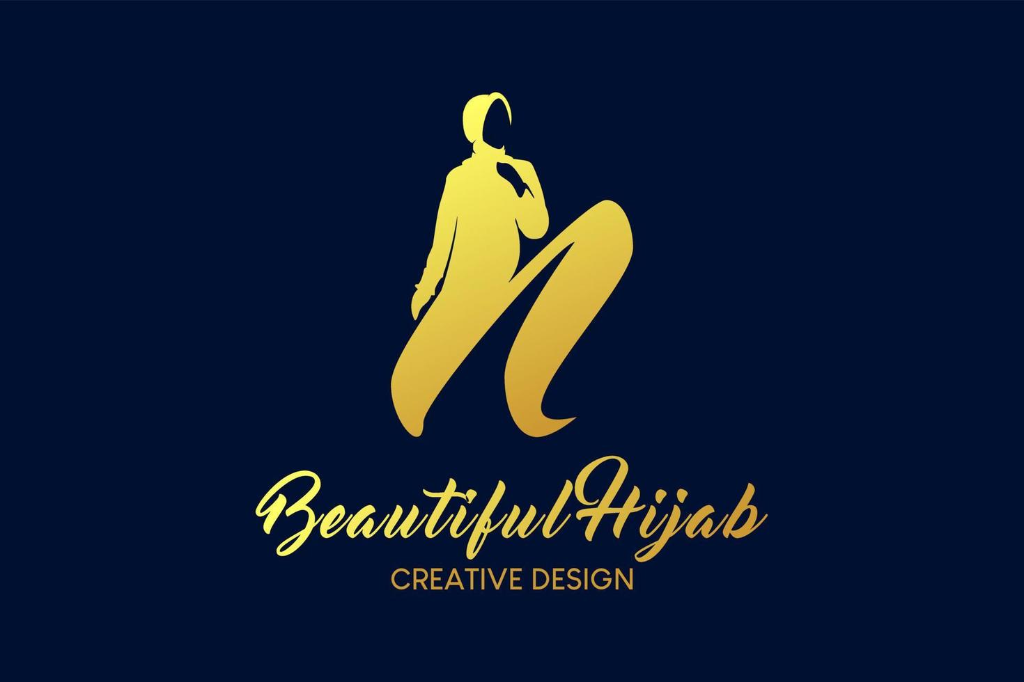 hijab boutique logotyp design med de begrepp av en förtäckt kvinna i silhuett kombinerad med de brev n. hijab mode logotyp vektor illustration.
