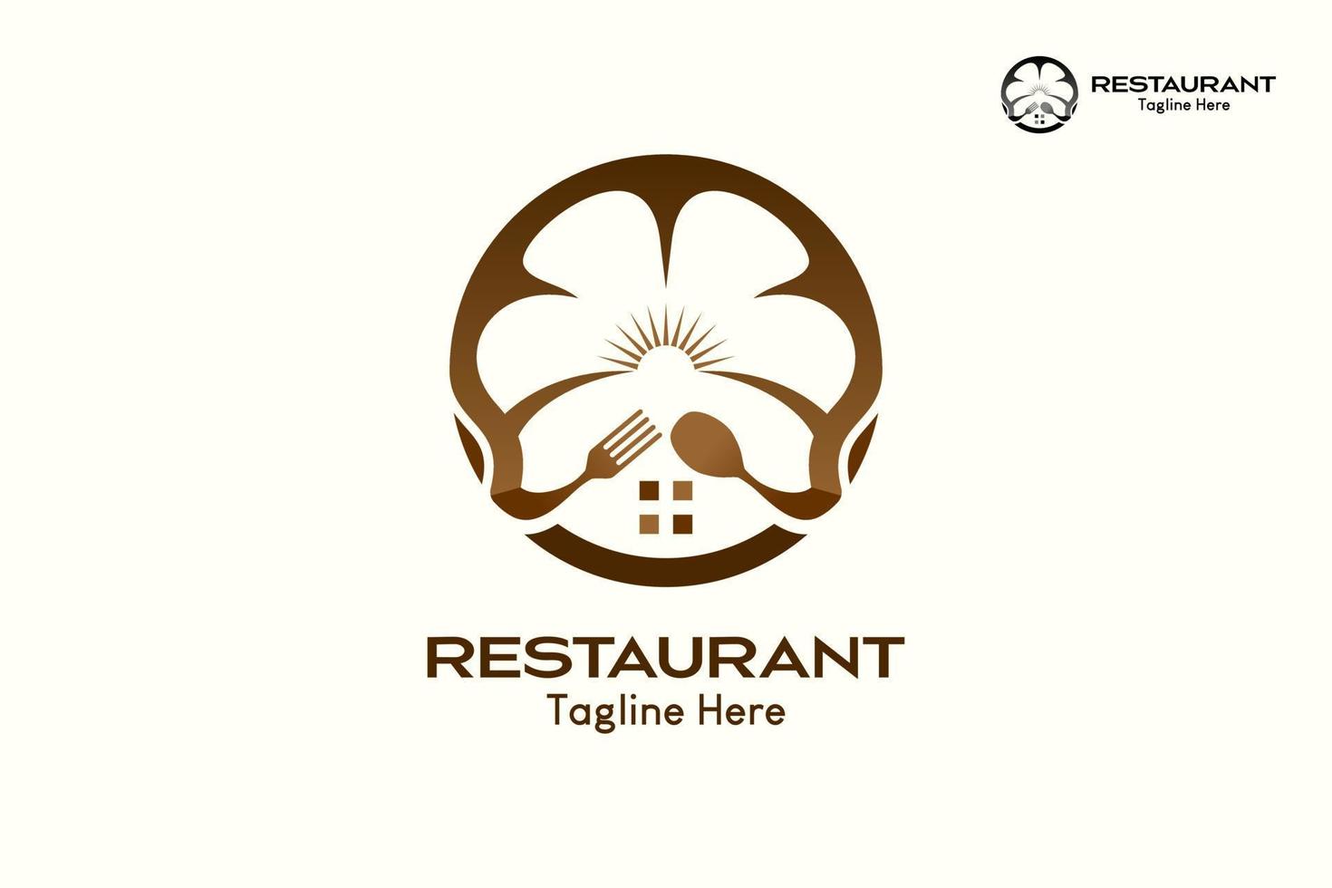 Restaurantlogo mit kreativem Konzept, ein Kochmützensymbol in Form einer Blume kombiniert mit einem Löffel und einer Gabel im Kreis. Vektor Prämie