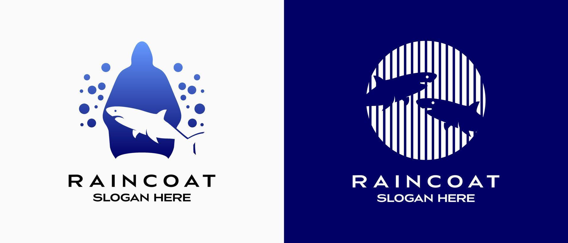 regnkappa logotyp design med haj silhuett element i kreativ begrepp. premie vektor logotyp illustration