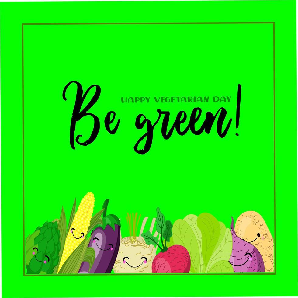 Seien Sie grüne Grußkarte für vegetarischen Tag und veganen Tag. grüner hintergrund mit gemüse und obst. quadratisches Format. vektor