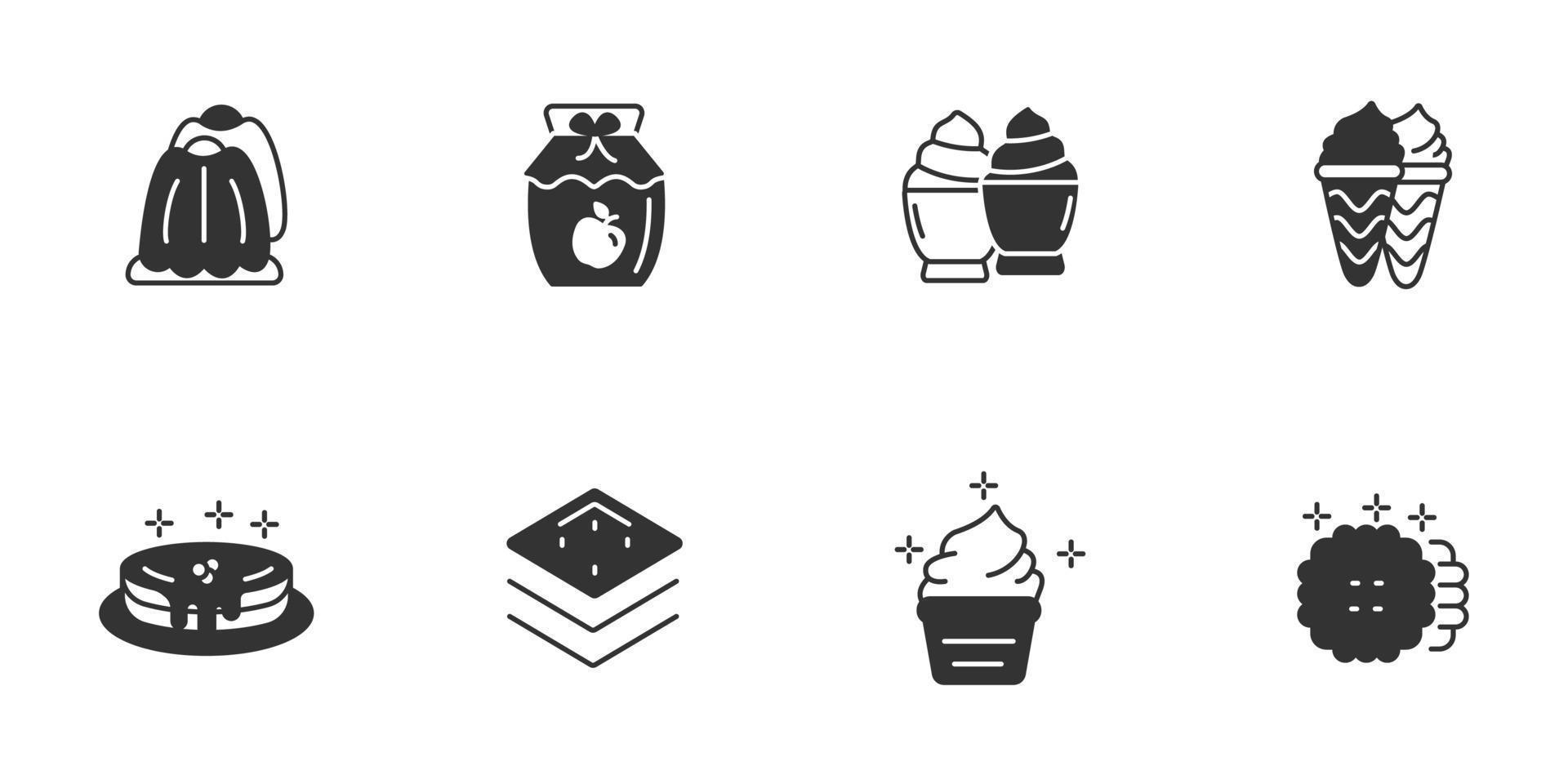 Dessert-Symbole gesetzt. Dessert-Pack-Symbol-Vektorelemente für Infografik-Web vektor
