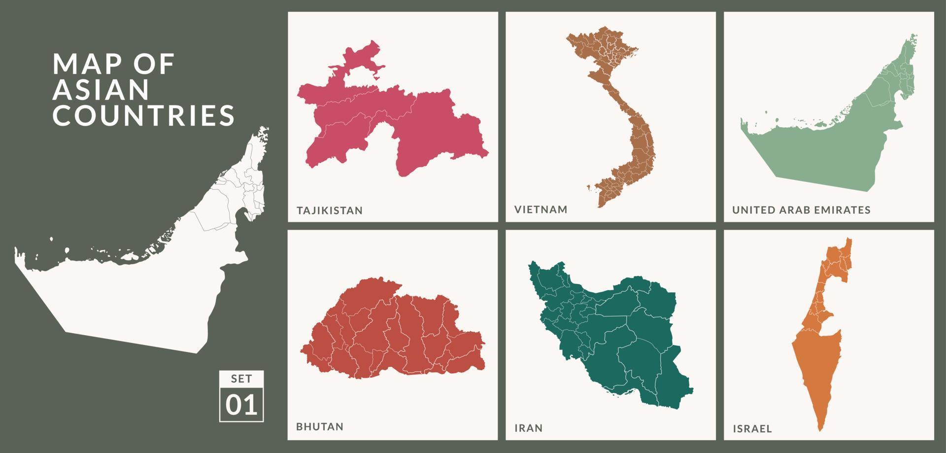 karten von asiatischen ländern, tadschikistan, vietnam, vereinigte arabische emirate, bhutan, iran und israel, vektorillustration. vektor