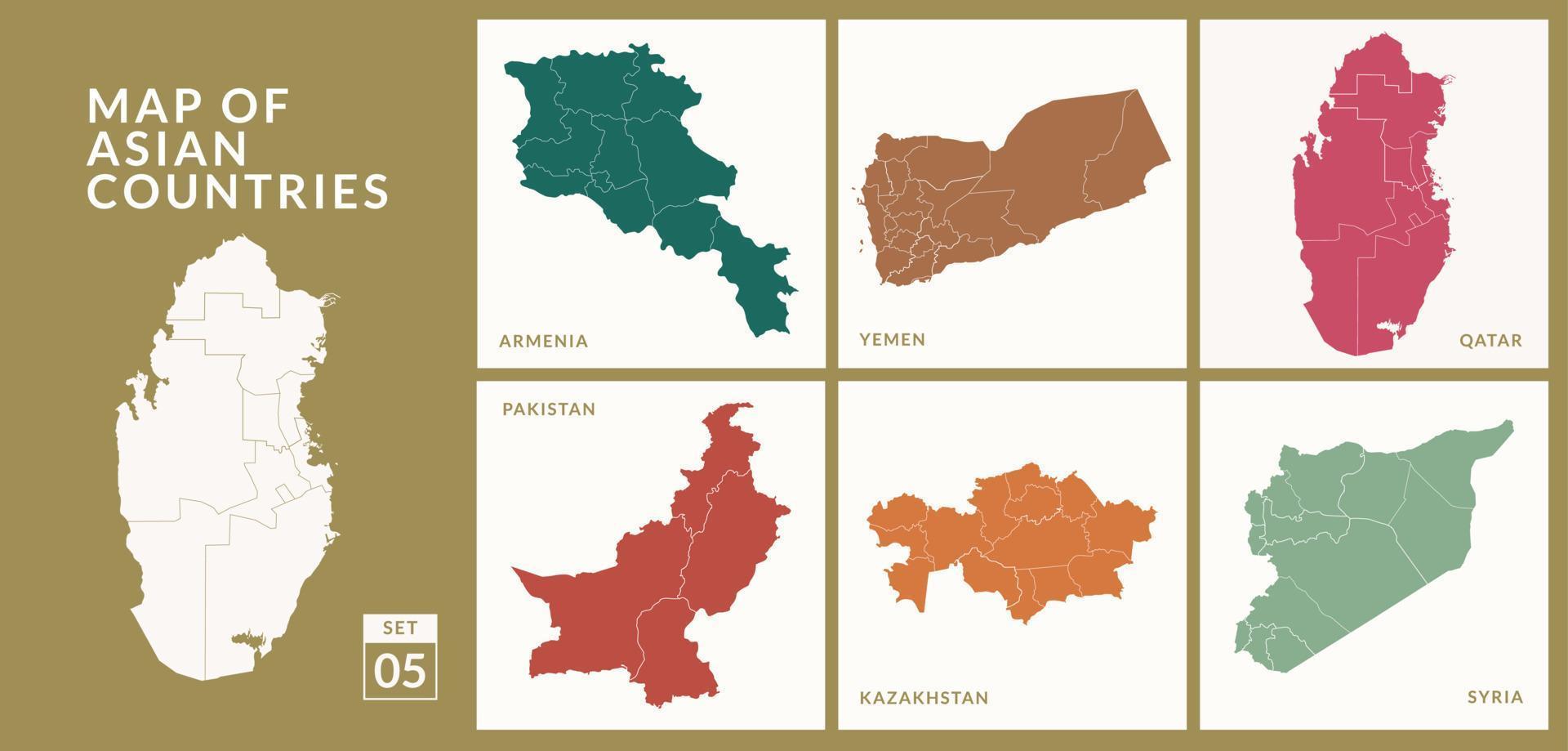 Kartor av asiatisk länder länder, armenien, Jemen, Qatar, pakistan och Kazakstan, syrien, vektor illustration.