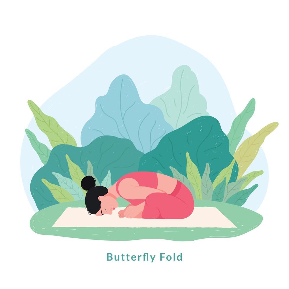 Schmetterlingsfalte Yoga-Pose. junge Frau, die Yoga-Übungen praktiziert. vektor