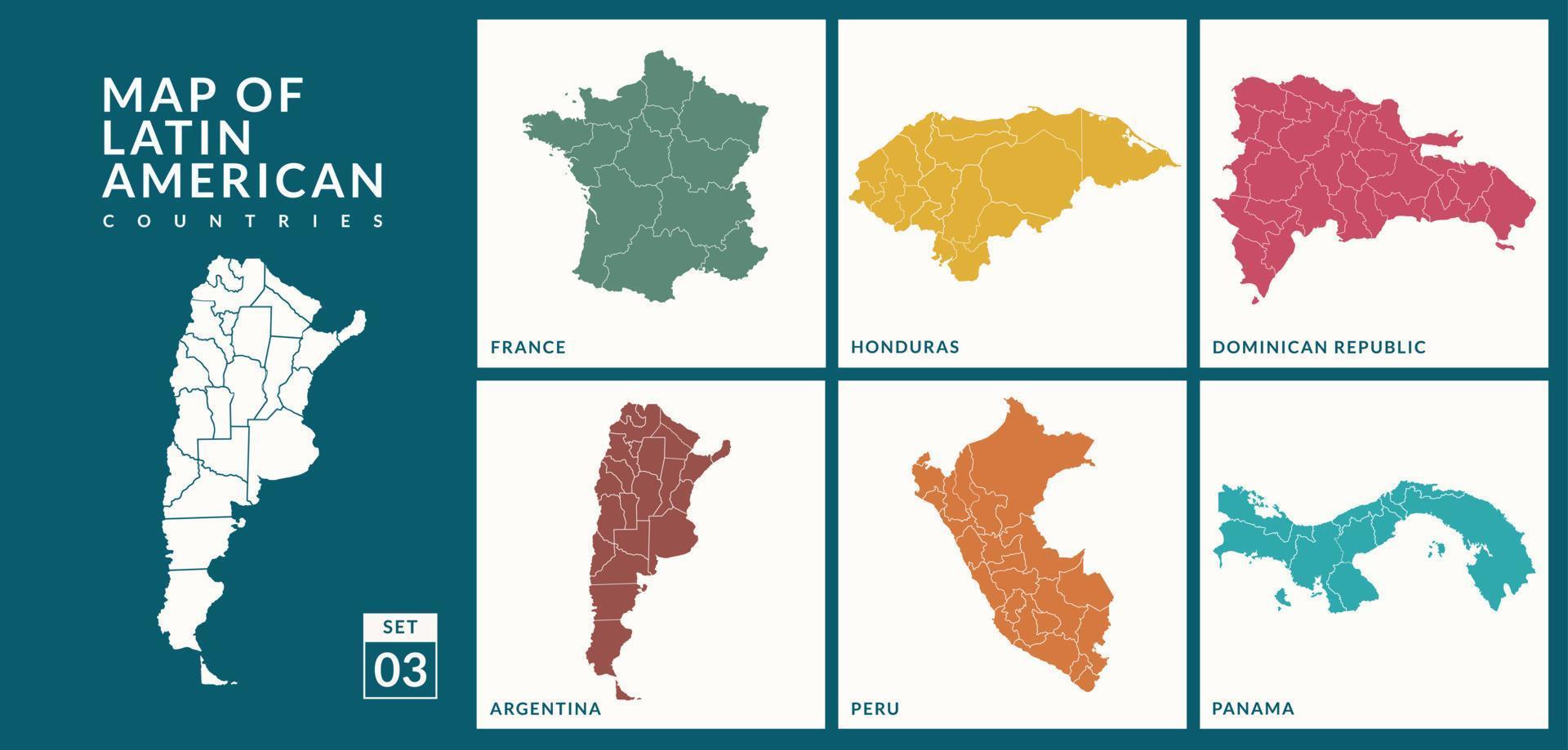 karten der lateinamerikanischen länder frankreich, honduras, dominikanische republik, argentinien, panama, peru vektorillustration. vektor